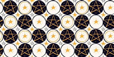 Halloween Seamless Pattern with Magic Stars and Pentagrams in Gold on Dark and White Circles. Witchy and celestial theme great for mystical designs, print, web, fashion, cards, wrapping paper vector