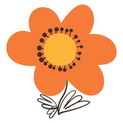 Flower with Simple Brush Line Decorations. Colorful plant with cute line sketches of leaves isolated on white background. Nature herb perfect for invitations, cards, posters, holidays