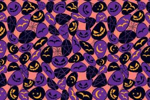 Hand Drawn Halloween Abstract Seamless Pattern with Purple Blobs with Scary Faces, Moons, Bats, and Spider Webs. Playful background perfect for print, web, fashion, cards, wrapping paper vector