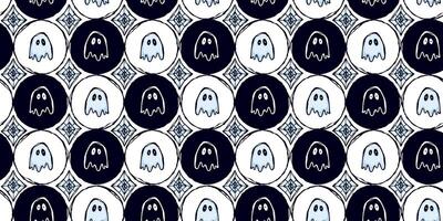 Halloween Seamless Pattern with Cute White and Black Ghosts and Spider Web in Black Circle Grid. Playful hand drawn spooky spirits perfect for print, web, fashion, cards, wrapping paper vector