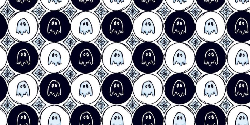 Halloween Seamless Pattern with Cute White and Black Ghosts and Spider Web in Black Circle Grid. Playful hand drawn spooky spirits perfect for print, web, fashion, cards, wrapping paper