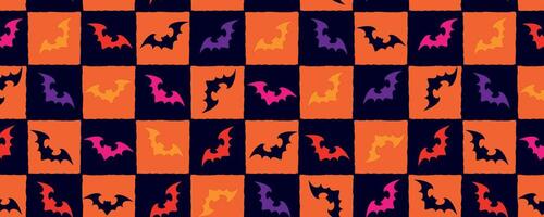 Retro Halloween Checkerboard Seamless Pattern with Bat Icons in Orange, Red, and Purple. Fun and vibrant seamless design ideal for festive packaging, scrapbook papers, print, web and Halloween textile vector