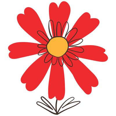 Cute Red Daisy Flower with Simple Brush Line Decorations. Colorful plant with cute line sketches of branches isolated on white background. Nature herb perfect for invitations, cards, posters, holidays