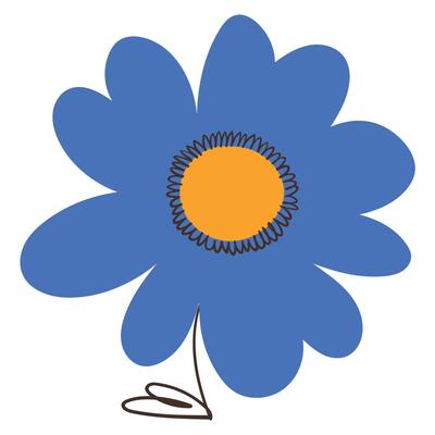 Blue Cartoon Flower with Simple Brush Line Decorations. Colorful plant with cute line sketches of branches isolated on white background. Nature herb perfect for invitations, cards, posters, holidays