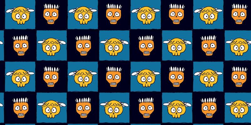 Halloween Pattern with Quirky Yellow Skulls with Cartoon Faces in Blue and Black Grid. Playful and colorful monster heads perfect for fashion, posters, print, web, fashion, cards, wrapping paper