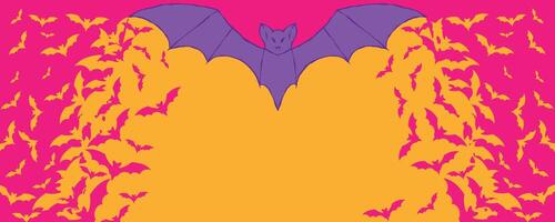 Halloween Background with Pink and Yellow Bats Under Giant Purple Bat Wings. Striking banner with vivid colors and playful retro style, perfect for banners, web, cards, invitations, web vector