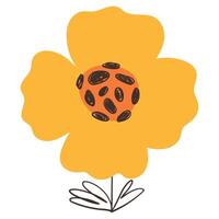 Creative Yellow Flower with Simple Brush Line Decorations in Hand Drawn Style. Colorful plant with cute line sketches of branches isolated on white background. Nature herb perfect for invitations vector