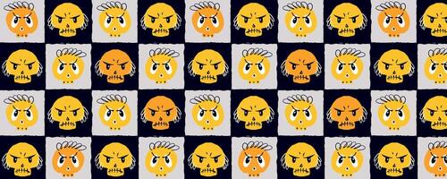 Halloween Checkerboard Pattern with Angry Skull Faces in Quirky Style. Grungy and playful design with expressive Halloween icons in warm yellow and orange hues, ideal for kids apparel, prints, fashion vector