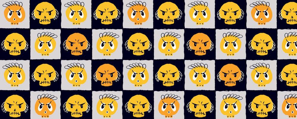 Halloween Checkerboard Pattern with Angry Skull Faces in Quirky Style. Grungy and playful design with expressive Halloween icons in warm yellow and orange hues, ideal for kids apparel, prints, fashion