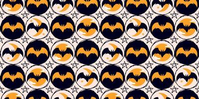 Halloween Pattern with Orange and Black Bat Silhouettes in Circle Grid on White Background. Simple and spooky moonlight bats with stars perfect for print, web, fashion, cards, wrapping paper vector