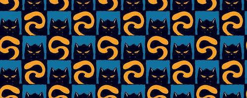 Halloween Seamless Pattern with Black Cats and Orange Serpent Shapes on Black Squares. Mystical and moody tile background with spooky feline faces and curling tails, great for wrapping paper, fashion vector