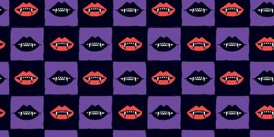 Halloween Seamless Pattern with Red and Black Vampire Mouths and Fangs on Purple Background. Bold, spooky lips in checkered great for print, web, fashion, cards, wrapping paper vector