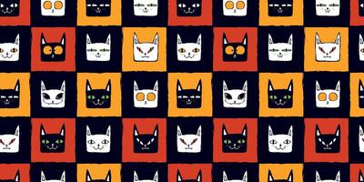 Halloween Seamless Pattern with Black and White Funny Cat Heads in Colorful Geometric Checkered Background. Cute animal icons. Cat characters with playful expressions great for print, web, fashion vector