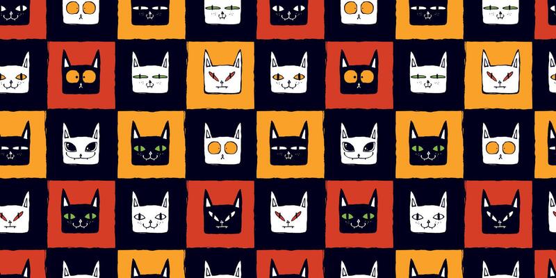 Halloween Seamless Pattern with Black and White Funny Cat Heads in Colorful Geometric Checkered Background. Cute animal icons. Cat characters with playful expressions great for print, web, fashion