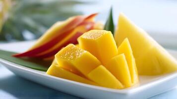 Fresh mango and pineapple slices artistically arranged on white plate with summer vibes photo