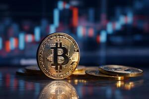 Golden Bitcoin coins prominently displayed with one upright featuring bold Bitcoin symbol against colorful financial candlestick chart background photo