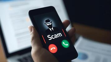 Smartphone held in hand displaying incoming call labeled scam with anonymous masked hat icon symbolizing scammer caller photo