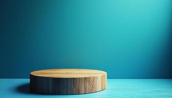 A wooden round table on a blue background photo