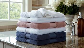 A stack of towels on a counter in front of a window photo