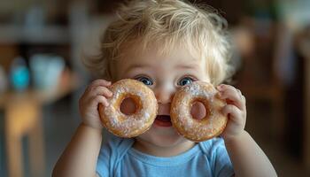 A young child holding two donuts in front of his eyes photo