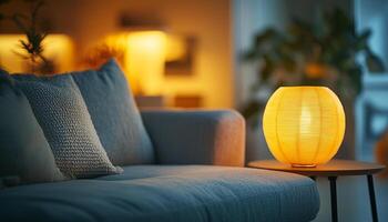 A lamp is on a table next to a couch photo