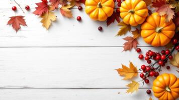 Festive fall frame with pumpkins and colorful foliage photo