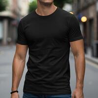 Man in a plain black t-shirt mock up standing on a blurred city street photo
