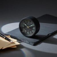 Classic black desk clock and fountain pen on a slate tile, spotlighted for a dramatic effect photo