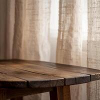 Empty, weathered wooden surface with blurred sheer curtains, ideal for product display photo