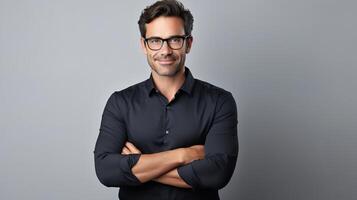 Portrait of handsome man with glasses standing with arms crossed over gray background photo