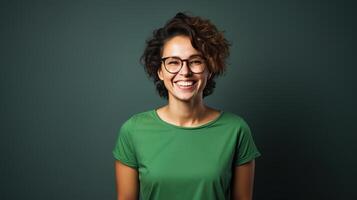 Portrait of a smiling woman wearing green t-shirt and glasses on a dark background photo