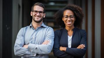 Two people standing together with their arms crossed photo