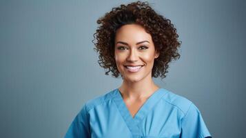 A woman in a scrub suit smiling photo