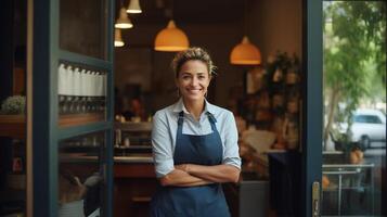 A woman in an apron standing in front of a restaurant photo