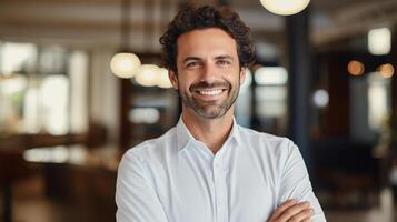 A man with his arms crossed smiling in a restaurant photo
