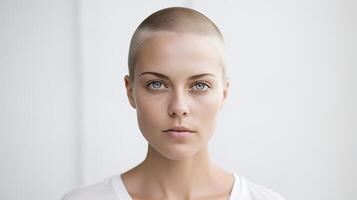 A woman with a shaved head looking at the camera photo