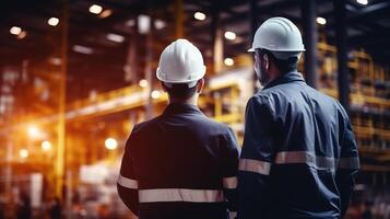 Two men in hard hats standing in front of a factory photo