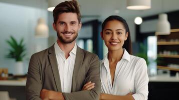 A man and woman standing in front of a desk photo