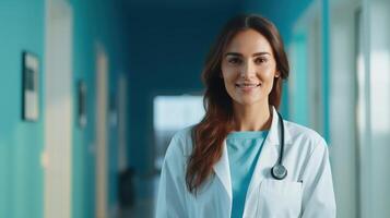 A woman in a white lab coat standing in a hallway photo