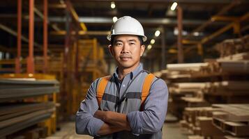 An asian man in a hard hat standing in a warehouse photo