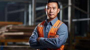 Asian man in orange vest standing in warehouse photo