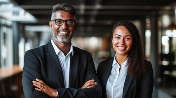 Two business people standing together in an office photo