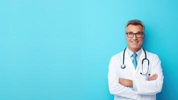 A smiling male doctor standing in front of a blue background photo