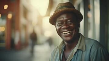 A smiling black man wearing a hat photo