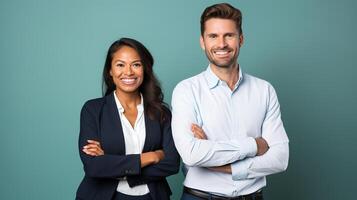 Portrait of a business couple standing together against a blue background photo