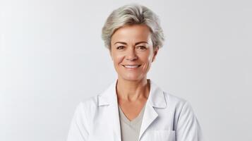 A woman in a lab coat standing in front of a white background photo