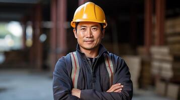 An asian man in a hard hat standing in front of a warehouse photo