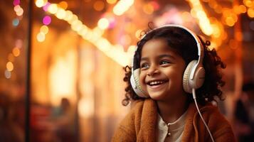 A little girl wearing headphones and smiling photo