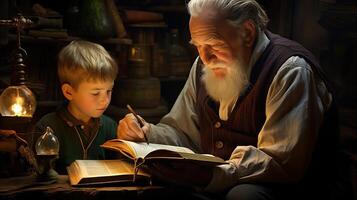 An old man and a young boy are reading a book photo