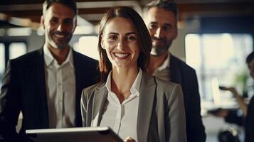 Three business people standing together with a tablet photo